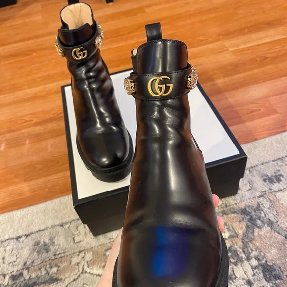 Gucci Women's Black Ankle Boots with Gold Accents - Picture 10 of 16